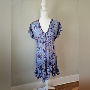 Sensara Floral And Leopard Sheer V-Neck Ruffle Dress